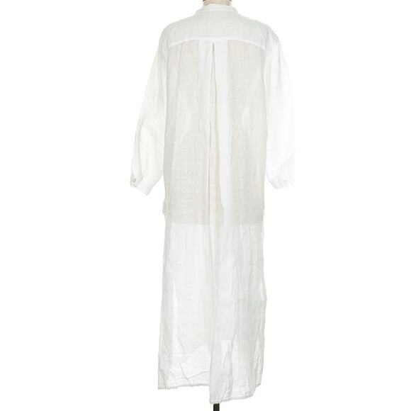 Enzo Costa 100% White Linen Collarless Bracelet Length Sleeve Shirt Dress 3 L - Picture 5 of 12